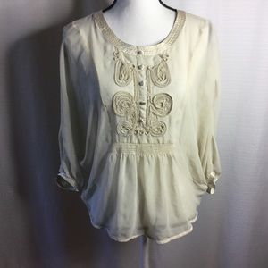KOAJ Intricate Lapel Sheer Ivory Blouse 3/4 Sleeve